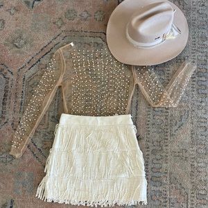 Nude Pearl/rhinestone mesh top